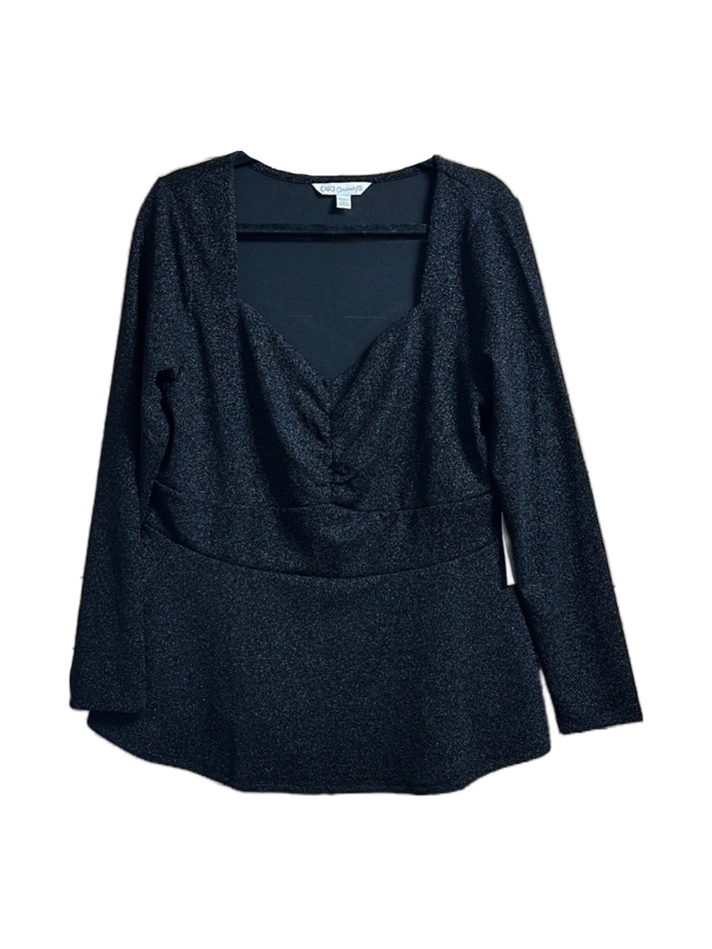 Cato Black Shimmer Long-Sleeve Ruched Peplum Top